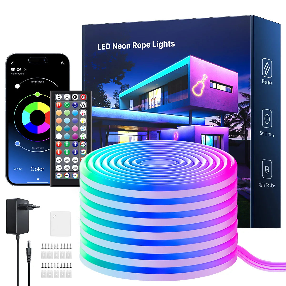 Guirlande LED néon RGB multicolore avec télécommande et contrôle via smartphone, flexible et sécurisée