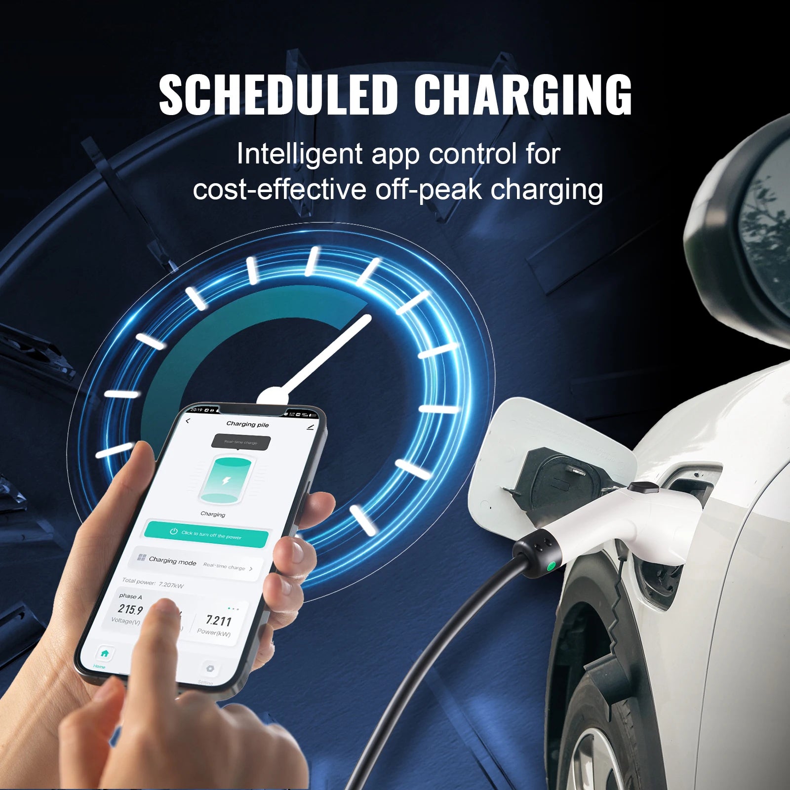 Chargeur électrique voiture avec contrôle via appli smartphone, recharge programmée et efficace