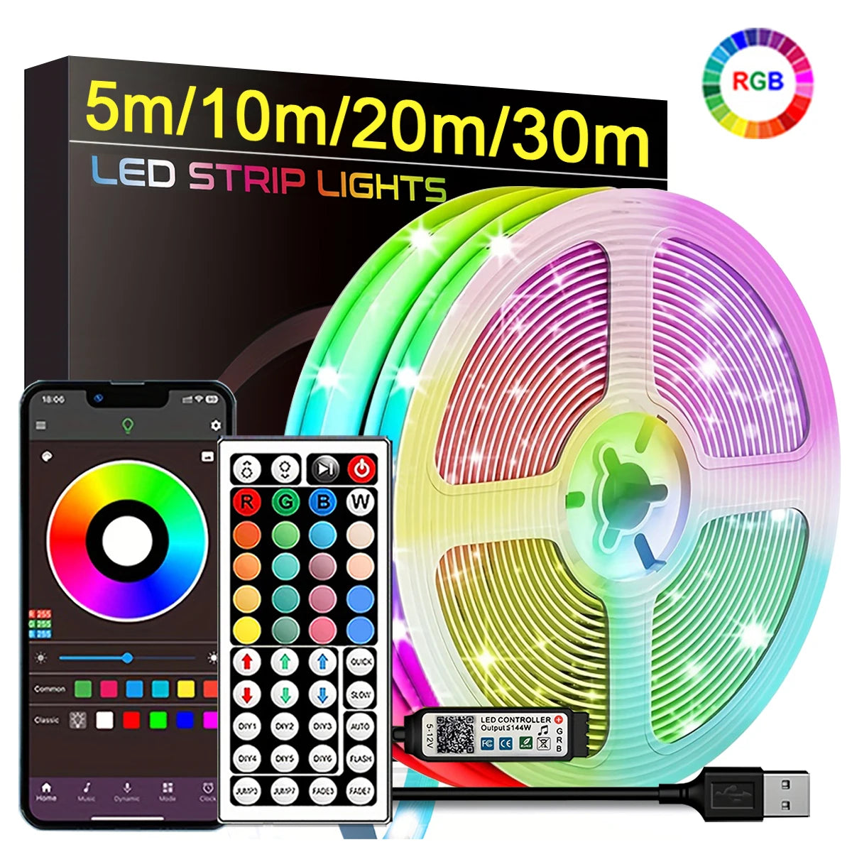Bande lumineuse LED RVB flexible, 5m, 10m, 20m, 30m, ruban lumineux pour chambre à coucher, décoration de chambre