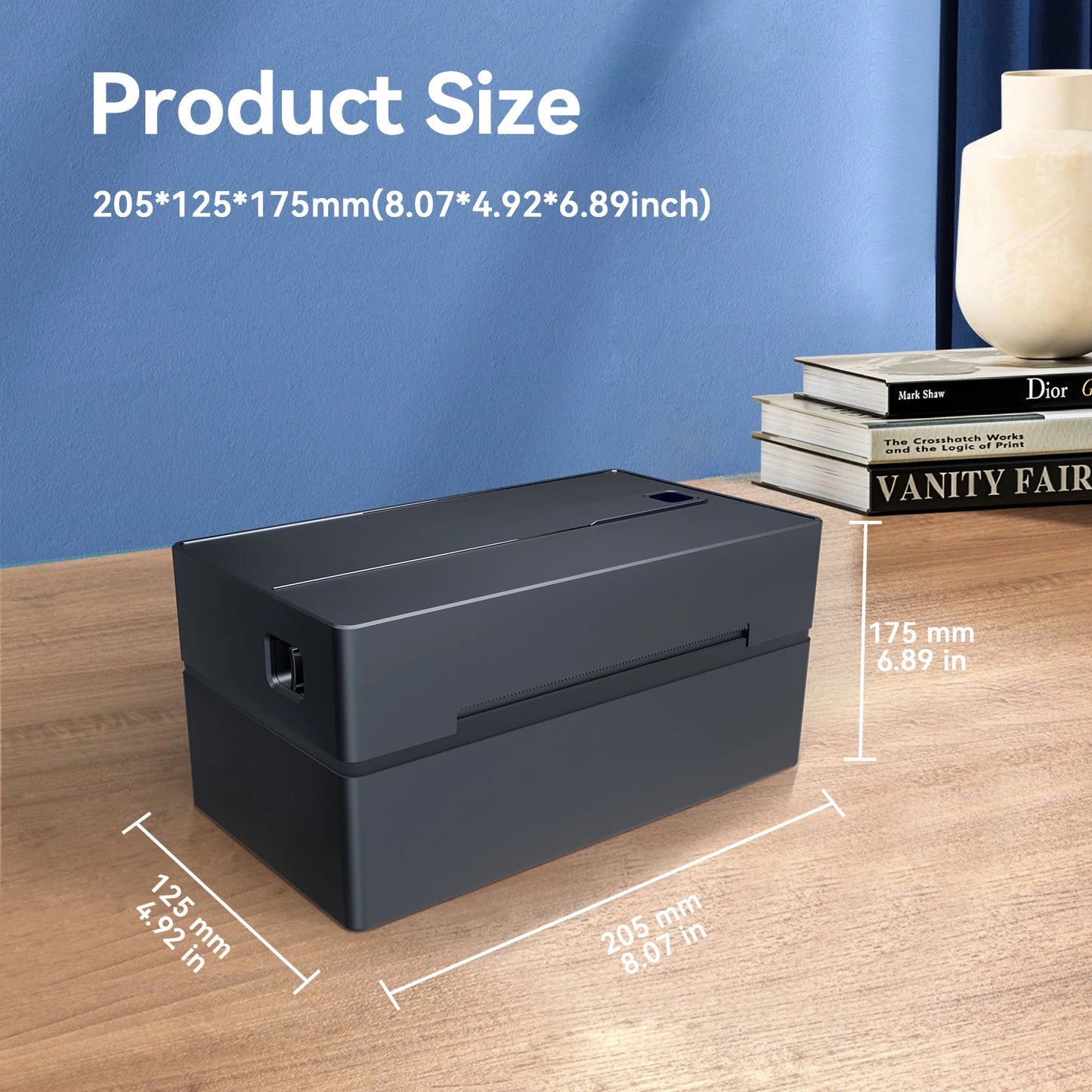Imprimante étiquettes compacte 205x125x175mm, design moderne pour bureau, gadget high-tech pratique