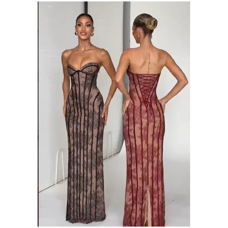 Robe longue chic en gaze sans bretelles, dos nu, épaules dénudées, imprimée, patchwork, slim, pour femme, soirée, 2026