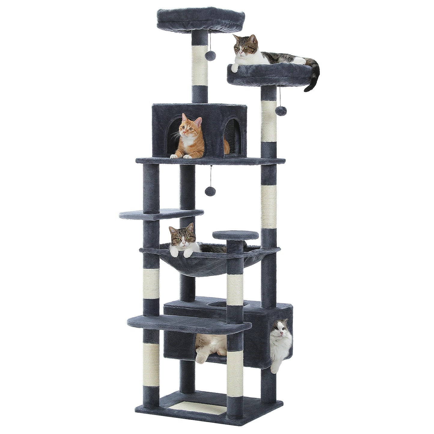 Arbre à chat gris avec plateformes, griffoirs et niches pour chats, idéal pour jeu et repos