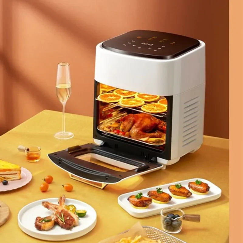 Friteuse sans huile multifonction avec poulet rôti et oranges, idéale pour cuisson saine et rapide