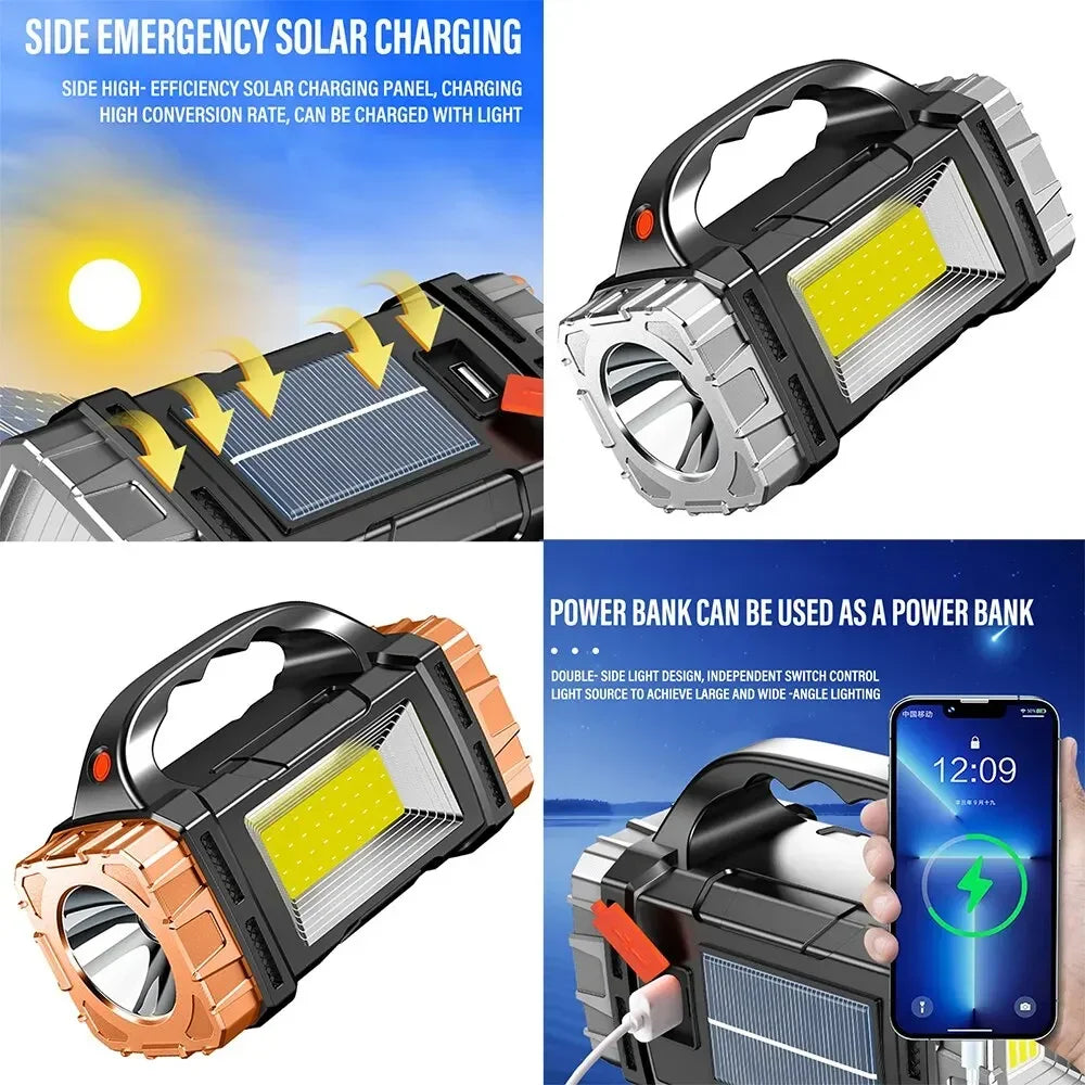 2024 lampe de poche LED puissante USB + lampe de poche solaire Rechargeable COB torche de Camping en plein air projecteur Portable batterie externe en plein air