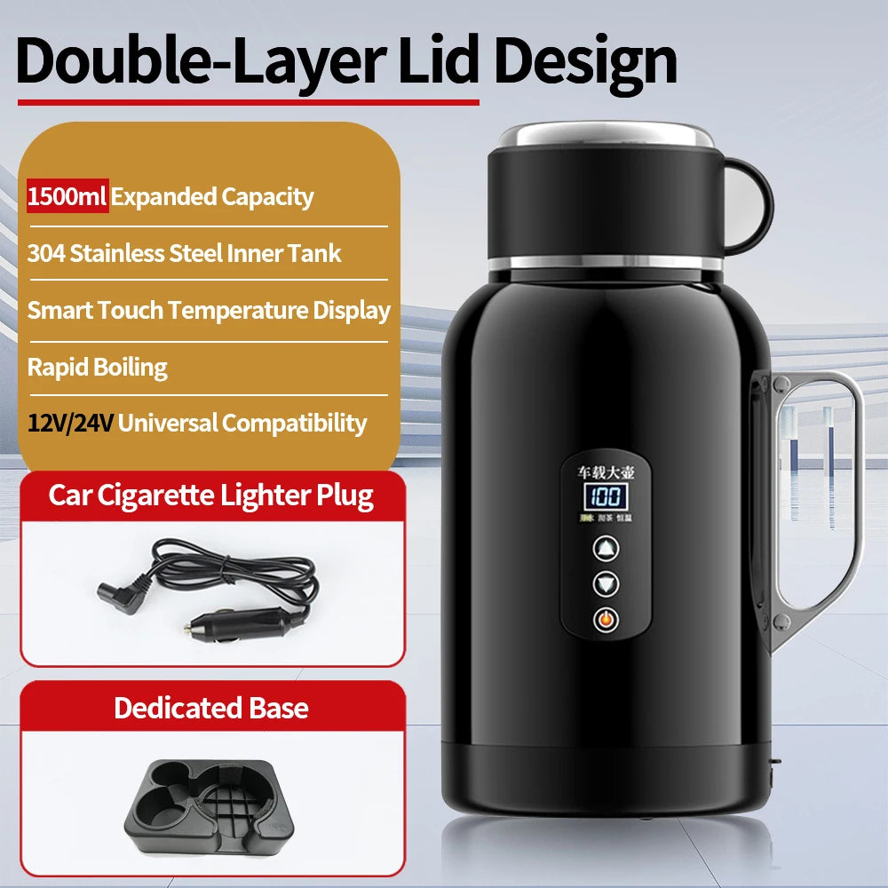 Bouilloire électrique portable 1500ml, acier inoxydable 304, affichage tactile, compatible 12V/24V pour voiture