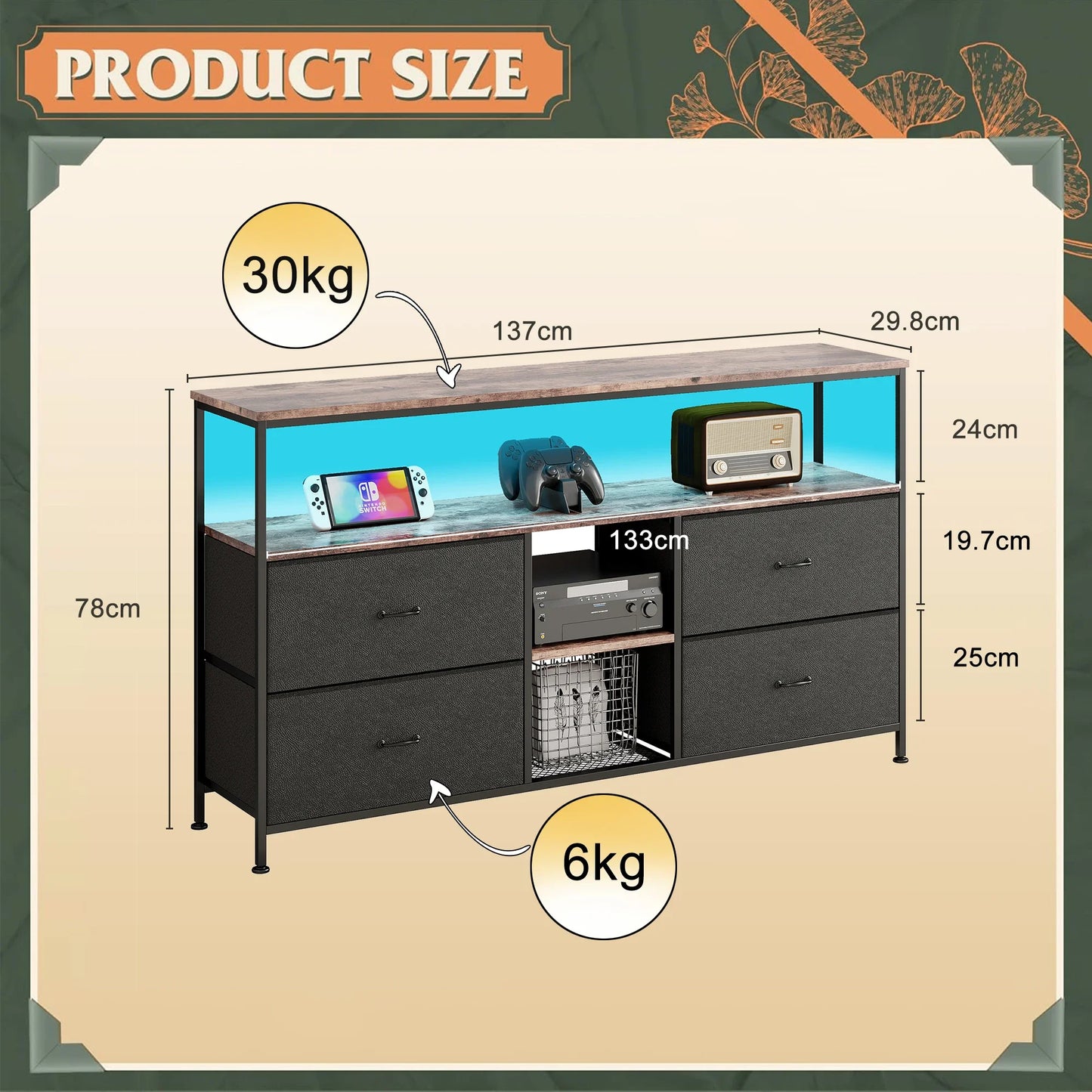 Rosahqnda Meuble TV avec 4 tiroirs, meuble TV, étagères réglables, table TV, meuble TV meuble de salon