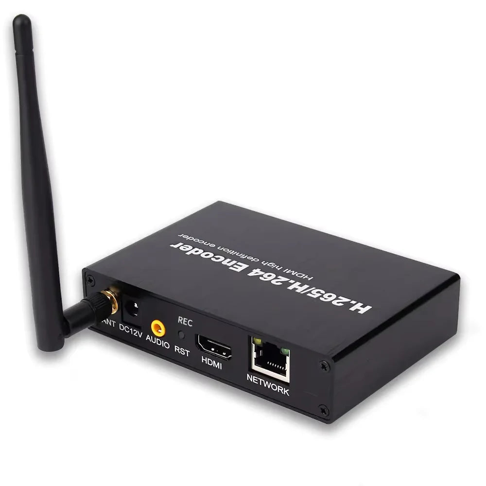 Encodeur HDMI H.265/H.264 avec antenne Wi-Fi, ports audio, réseau et HDMI pour streaming haute définition