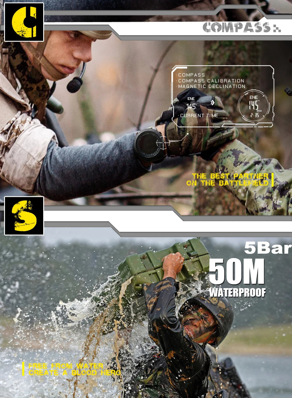 Montre tactique étanche 50M avec boussole numérique, idéale pour militaire et outdoor