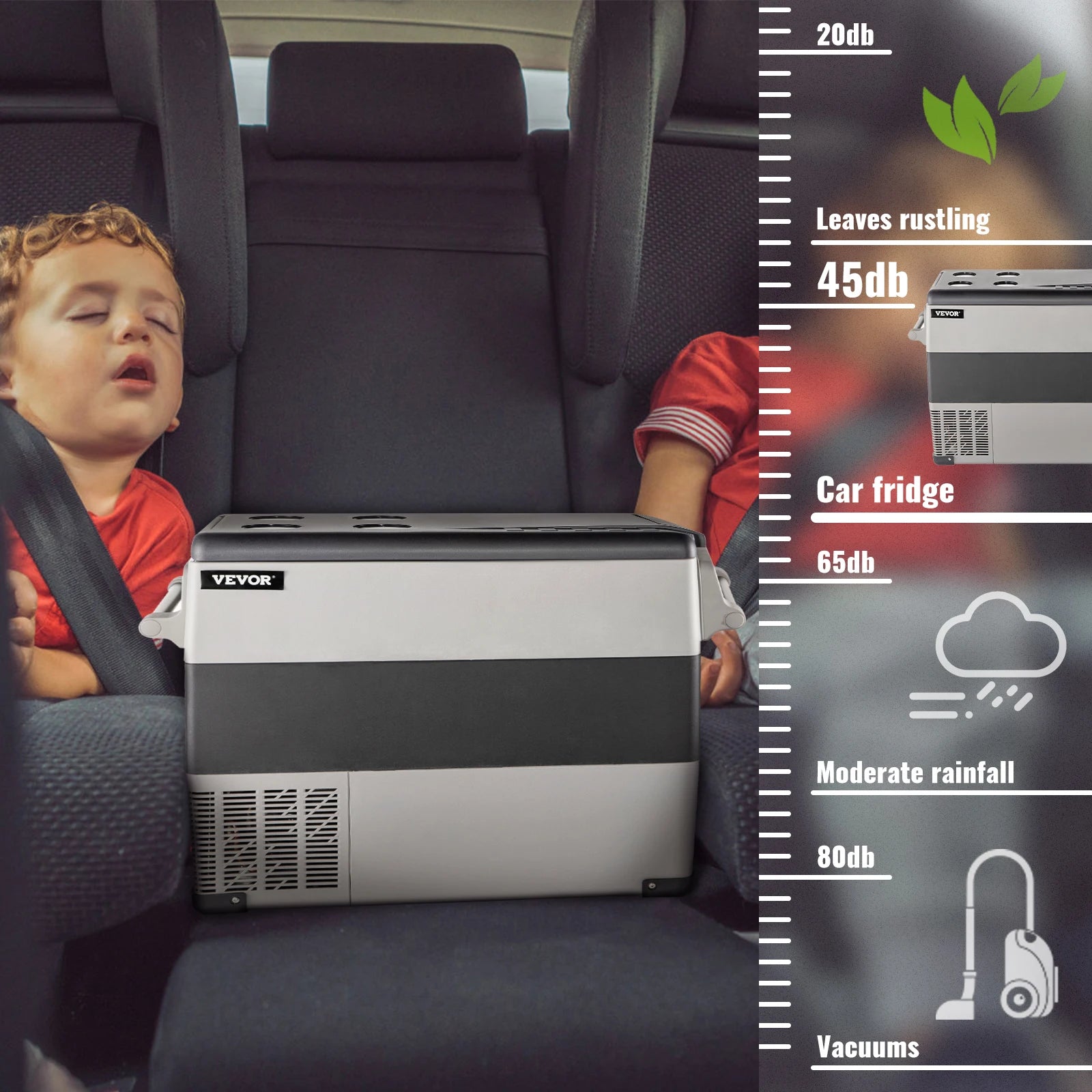 Réfrigérateur voiture VEVOR silencieux 45dB, idéal pour voyages avec enfant, compact et efficace