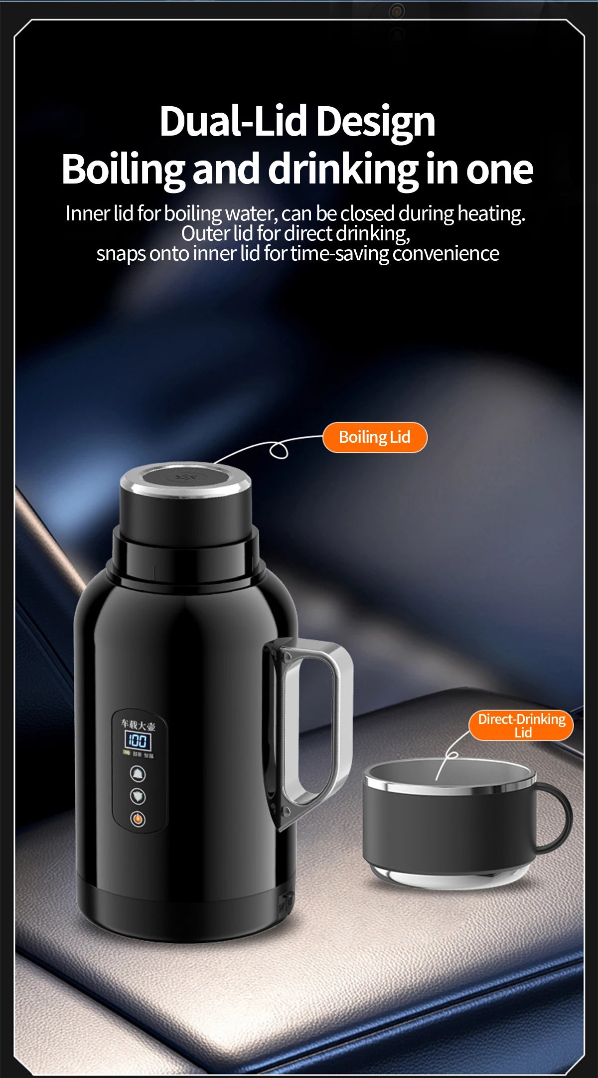 Bouilloire électrique portable avec double couvercle, chauffe-eau et tasse pour boire en voiture, design high-tech