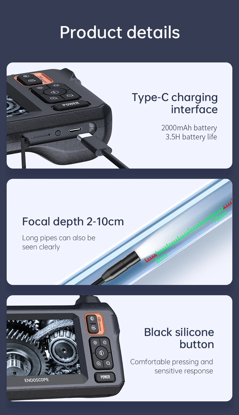 Caméra endoscopique industrielle HD1080P, 8mm, écran IPS 4.3 pouces, 1080P, pour inspection de tuyaux, réparation automobile, étanchéité IP67, 8 LED