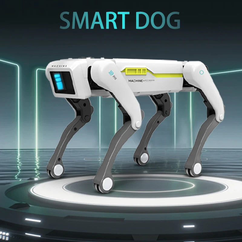 Robot chien intelligent blanc avec écran LED, design futuriste high-tech pour jouet ou gadget