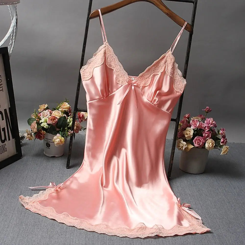 Mignon dentelle Camisola Patchwork femmes chemises de nuit robe en soie nœuds papillon Lingerie nuisette femmes