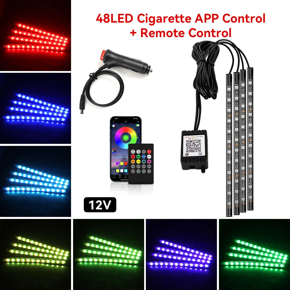 Kit de lumière d'ambiance pour intérieur de voiture, néon 36 48 72 LED, rétro-éclairage, application à distance, contrôle de la musique, lampe décorative d'ambiance RGB automatique