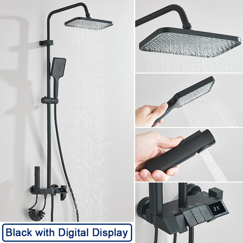 Rozin – ensemble de robinets de douche à affichage numérique intelligent noir, système de salle de bains à pluie de Style Piano, mitigeur numérique gris, douche de Bidet