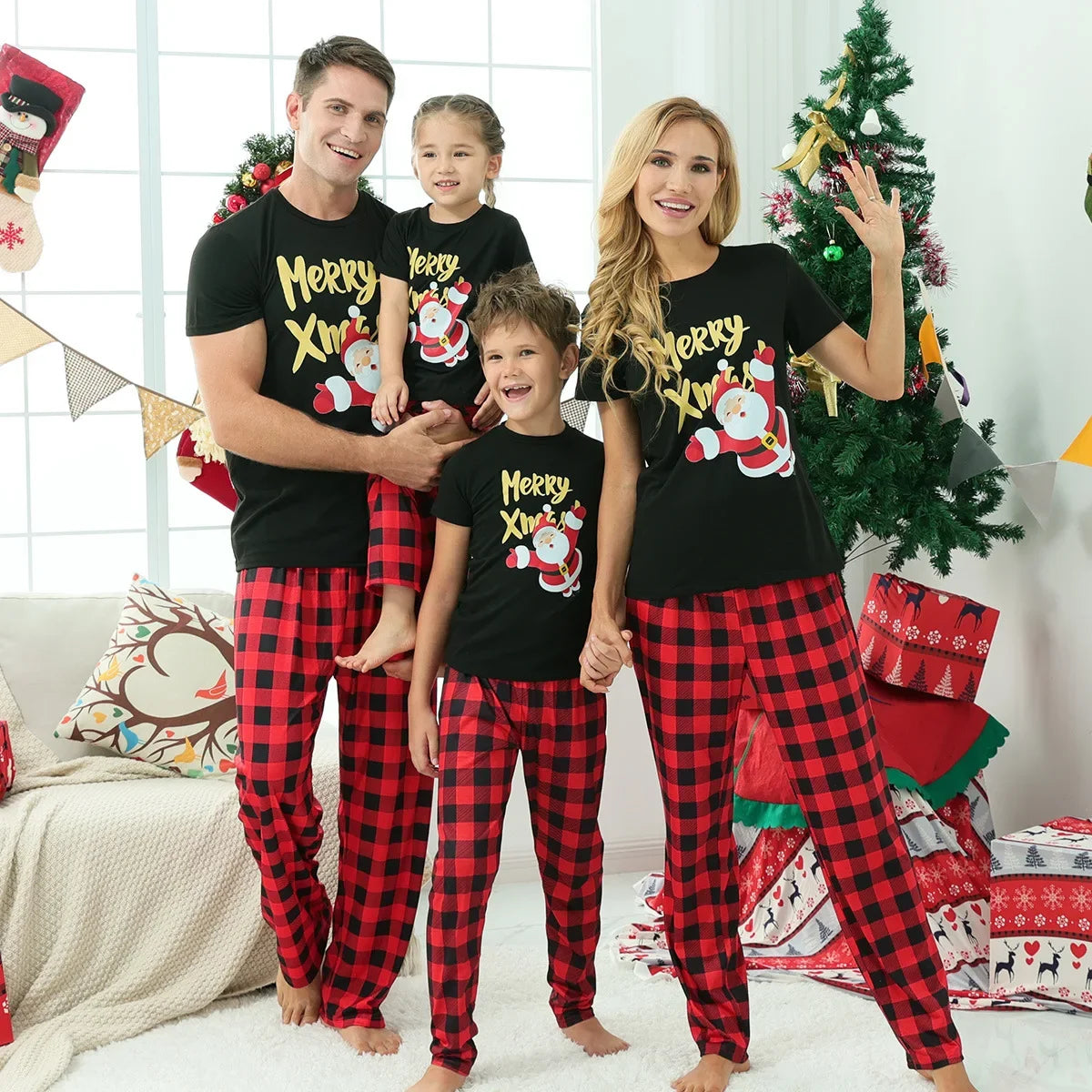 Costume du nouvel an 2025, ensemble pyjama de noël à manches courtes, tenues assorties pour famille/couples/enfants, T-shirt + pantalon, vêtements de nuit