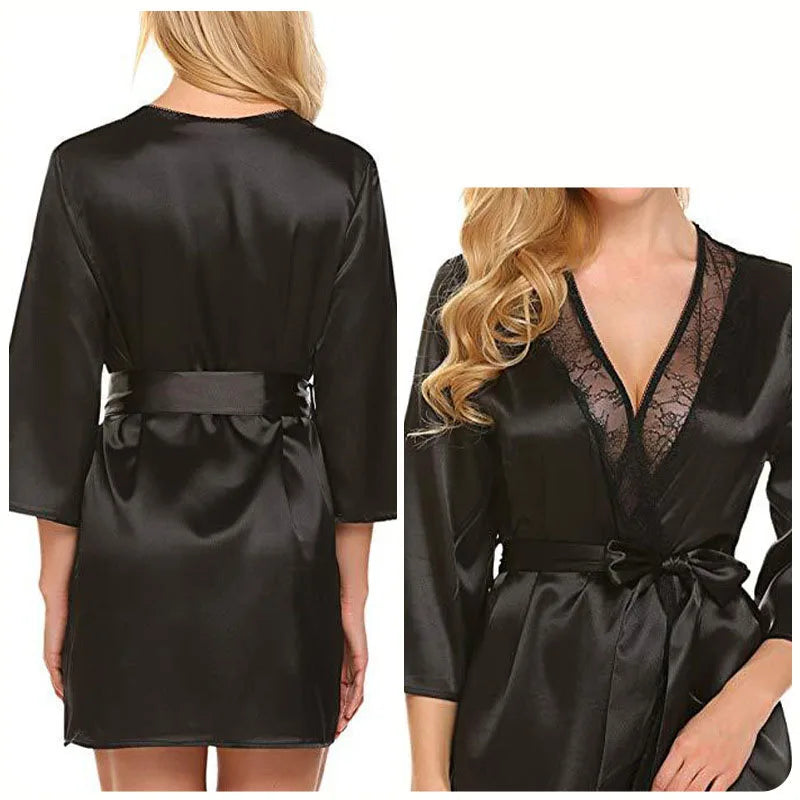 Robe de Nuit Sexy en Satin et Dentelle pour Femme, Chemise Courte, Kimono, Peignoir, Lingerie, Douce, Confortable, Noire, Grande Taille