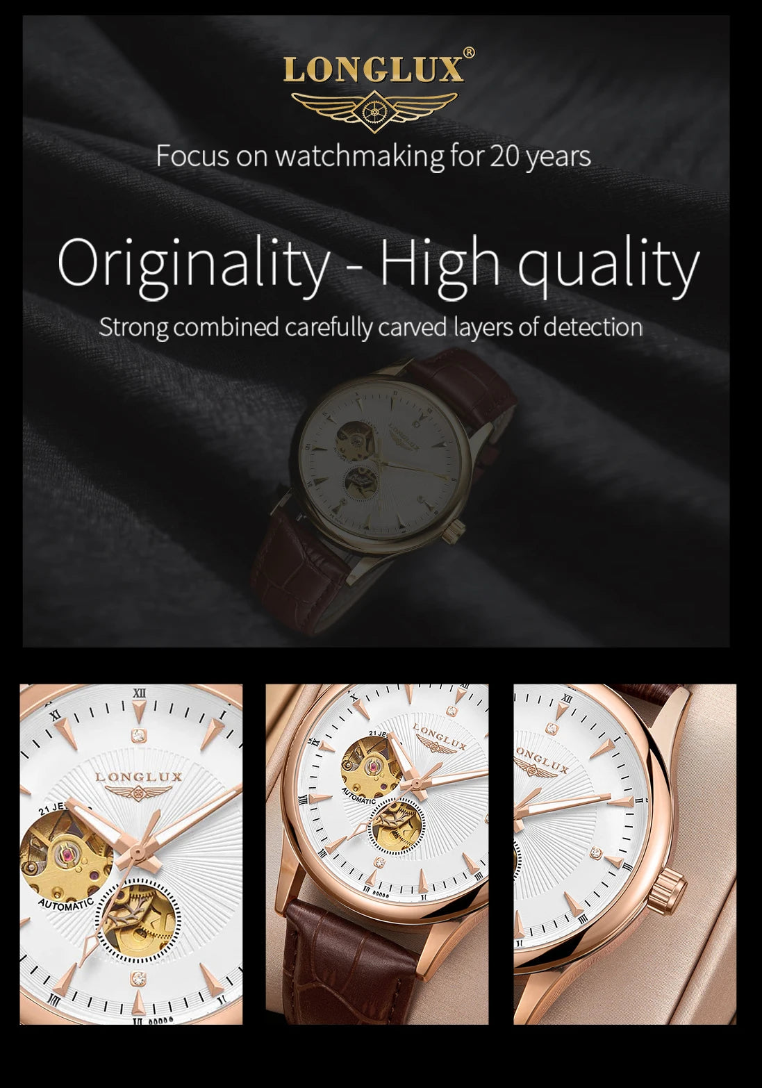 Montre automatique LONGLUX, style élégant, vente en gros, montres mécaniques squelette, cadran romain, étanche, montre homme, cadeau pour homme
