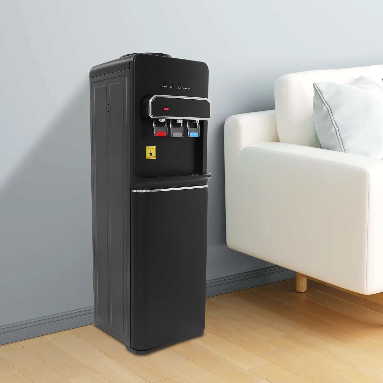 Distributeur d'eau noir avec robinets chaud/froid, idéal pour bureau ou salon, design moderne et compact