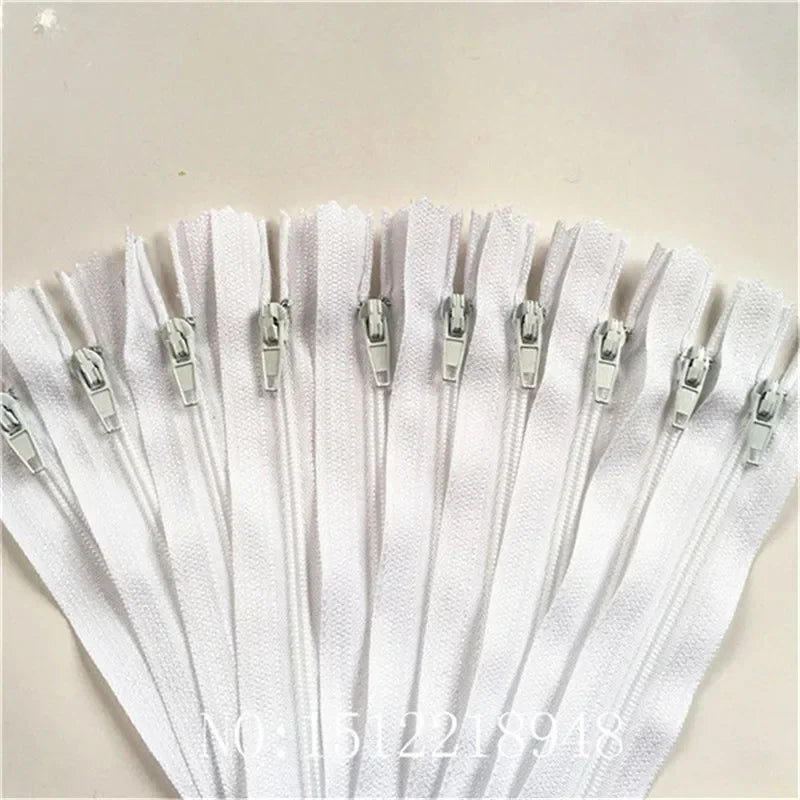 Fermetures éclair blanches en nylon avec glissière métallique, idéales pour couture et bricolage