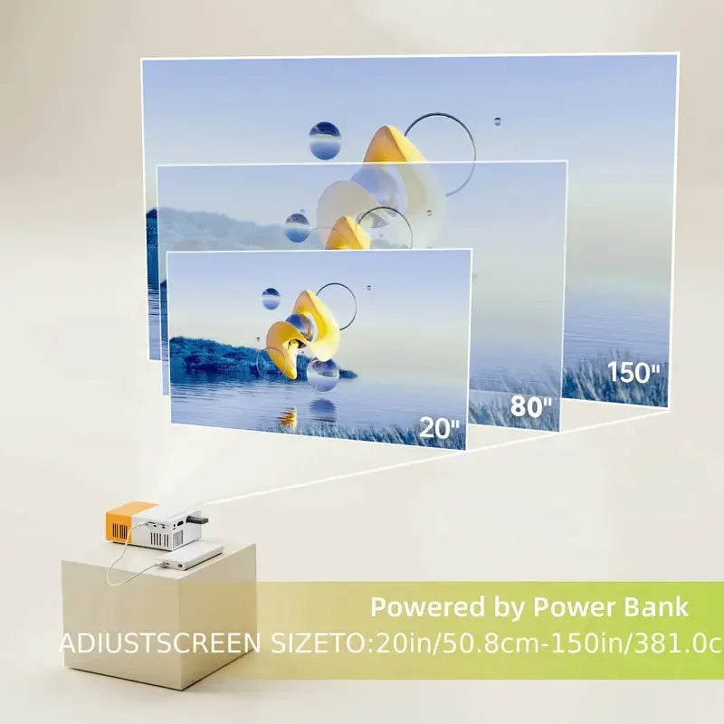 Projecteur portable avec écran ajustable 20 à 150 pouces, alimenté par power bank, idéal pour cinéma maison