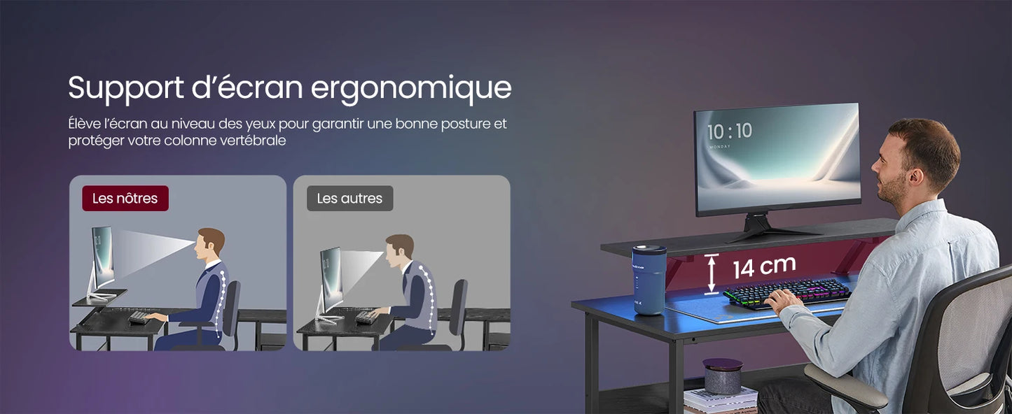 Support d'écran ergonomique pour bonne posture, élève écran à 14 cm, protège colonne vertébrale