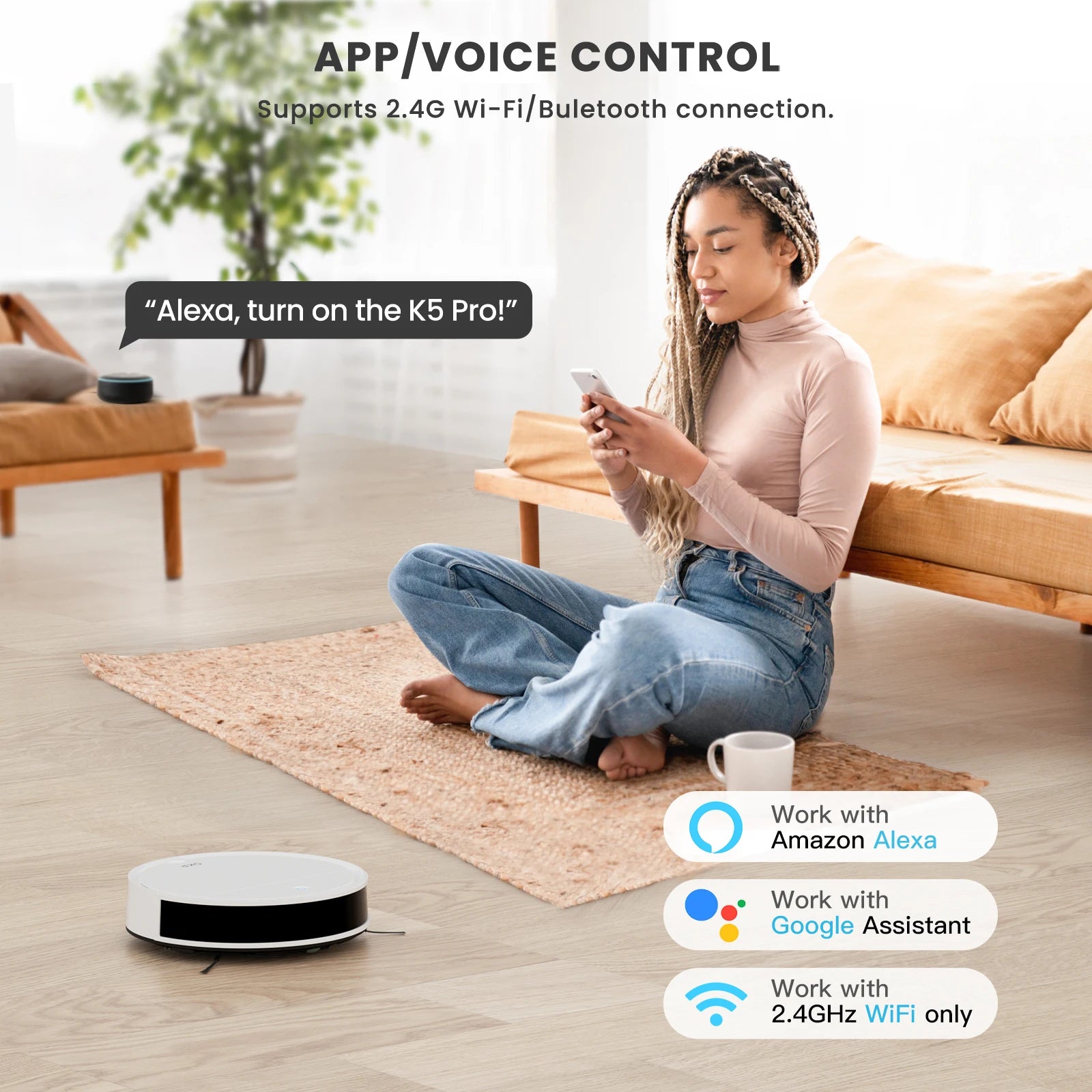 Aspirateur robot K5 Pro avec commande vocale Alexa et Google Assistant, contrôle via app et WiFi 2.4GHz