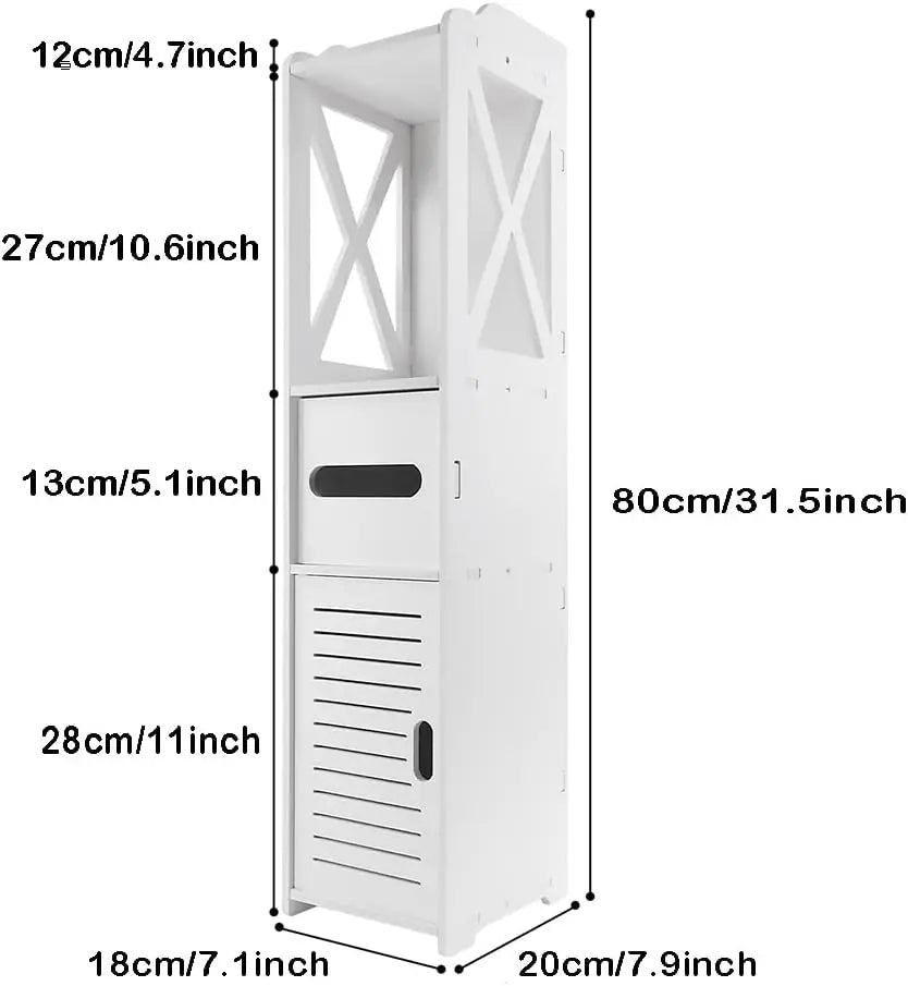 Meuble de rangement blanc avec dimensions, étagère et tiroir pour salle de bain ou entrée