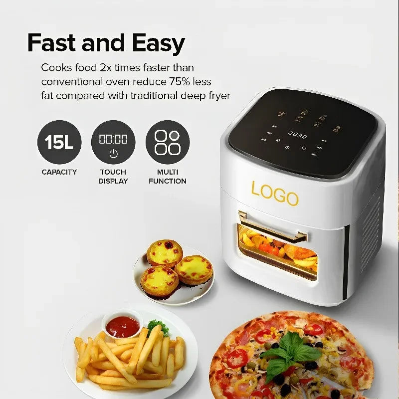 Friteuse à air chaud 15L avec écran tactile, cuisine rapide et saine : frites, pizza, desserts