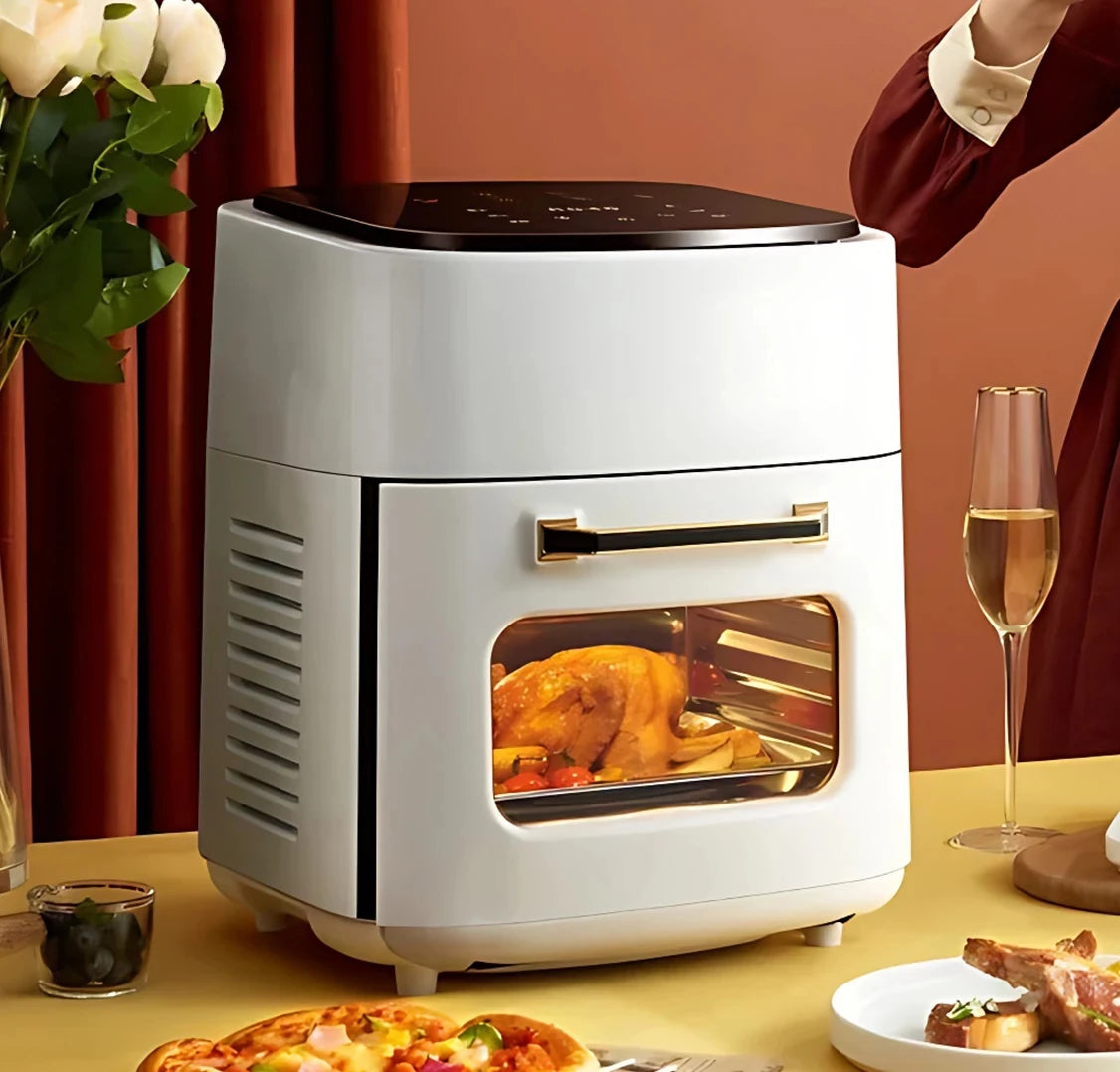 Friteuse à air chaud blanche avec poulet rôti, idéale pour cuisson saine et rapide en cuisine moderne