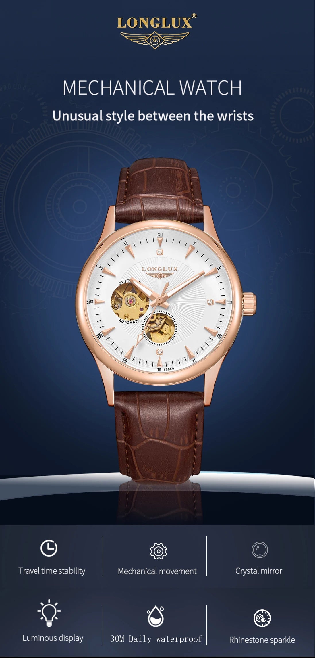 Montre automatique LONGLUX, style élégant, vente en gros, montres mécaniques squelette, cadran romain, étanche, montre homme, cadeau pour homme