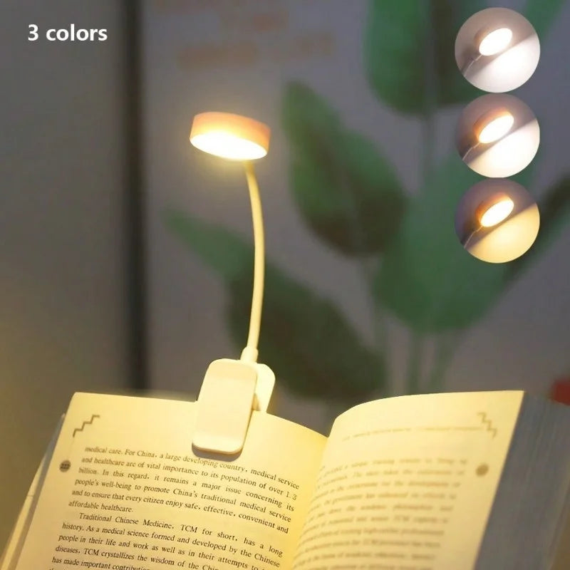 Lampe de lecture USB à pince, 3 couleurs, idéale pour livre ou bureau, éclairage doux et réglable