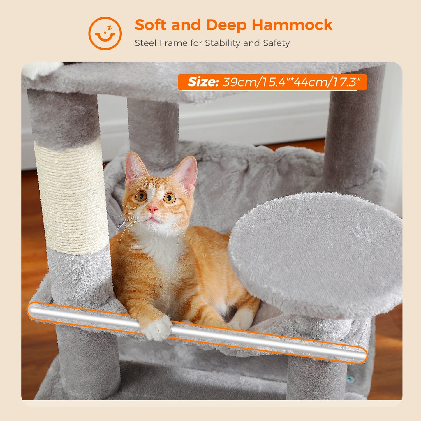 Chat roux dans hamac doux et profond de griffoir pour chat, cadre en acier, 39x44cm
