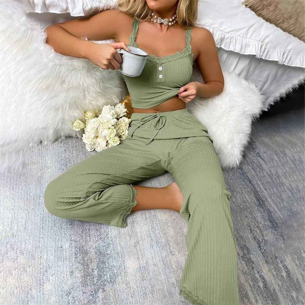 Ensemble pyjama côtelé pour femmes, garniture en dentelle, haut et pantalon à cordon de serrage, vêtements de nuit sexy, doux, vêtements de maison, automne