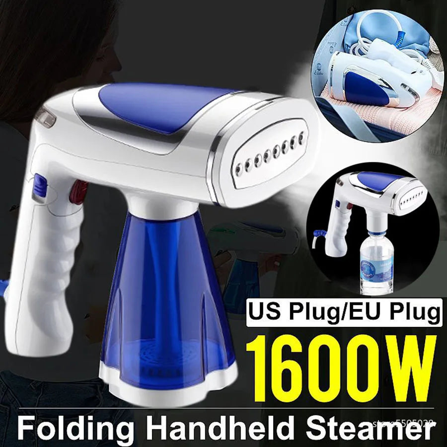 Vaporisateur portable pliable 1600W, poignée ergonomique, réservoir bleu, prise US/EU, idéal pour repasser les vêtements