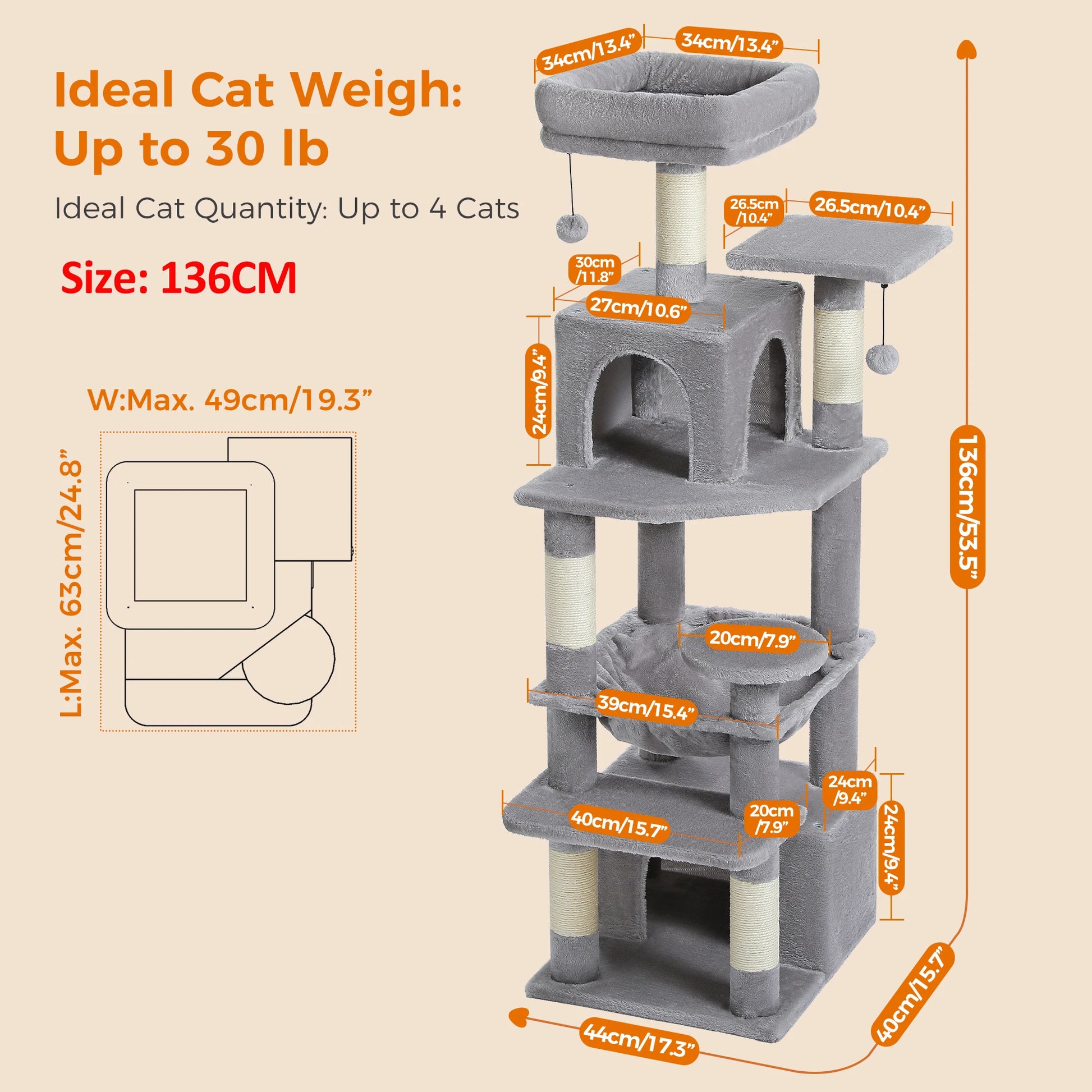 Arbre à chat gris 136 cm avec griffoirs, plateformes et niche, pour jusqu'à 4 chats