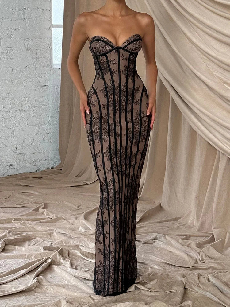 Robe longue chic en gaze sans bretelles, dos nu, épaules dénudées, imprimée, patchwork, slim, pour femme, soirée, 2026