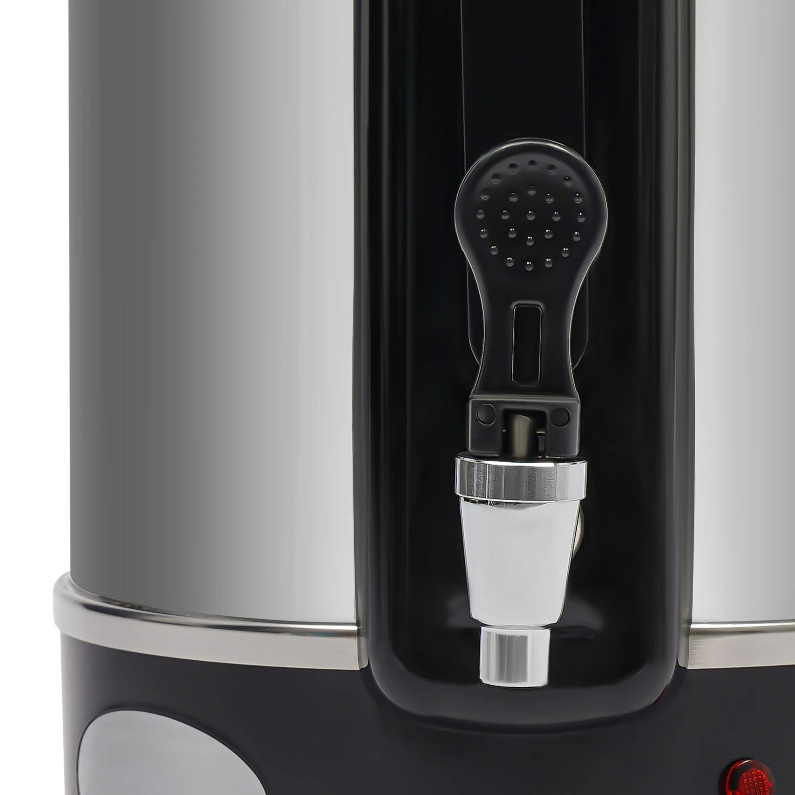 Distributeur d'eau chaude noir et inox avec robinet et bouton de commande