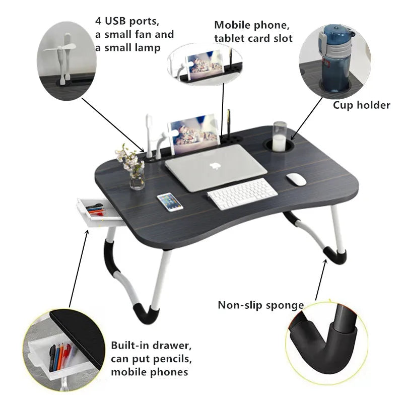 Bureau portable pliant avec ports USB, tiroir, support téléphone et porte-gobelet, idéal pour laptop et travail nomade