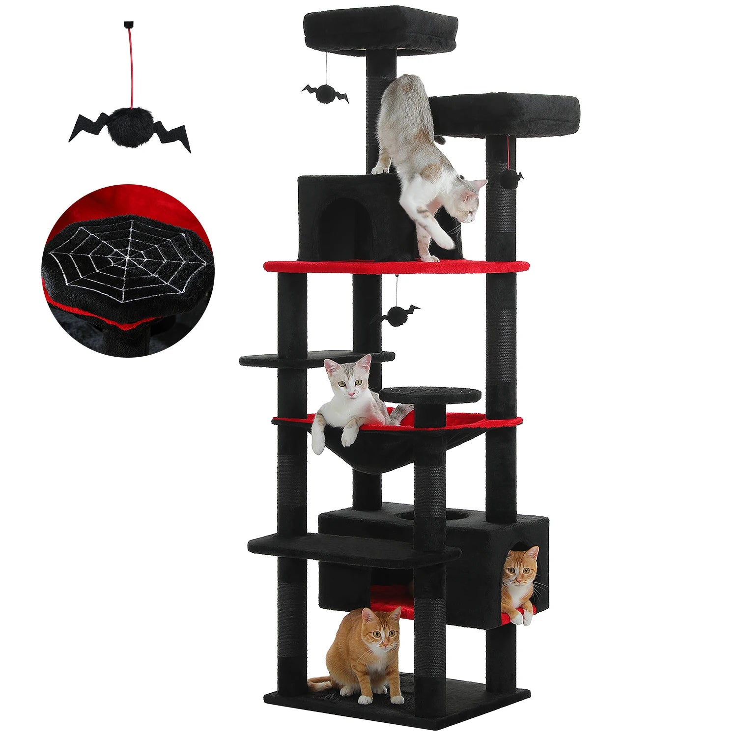 Arbre à chat noir et rouge avec plateformes, cabanes et jouets araignées pour chats