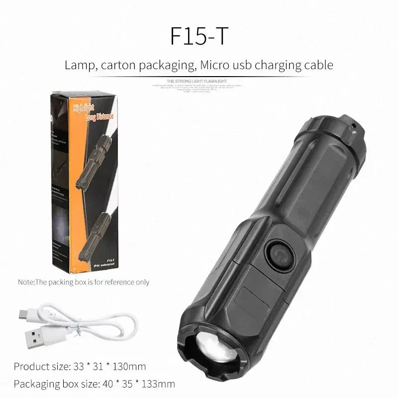Lampe torche F15-T rechargeable USB, étanche IP44, longue portée, avec câble et emballage