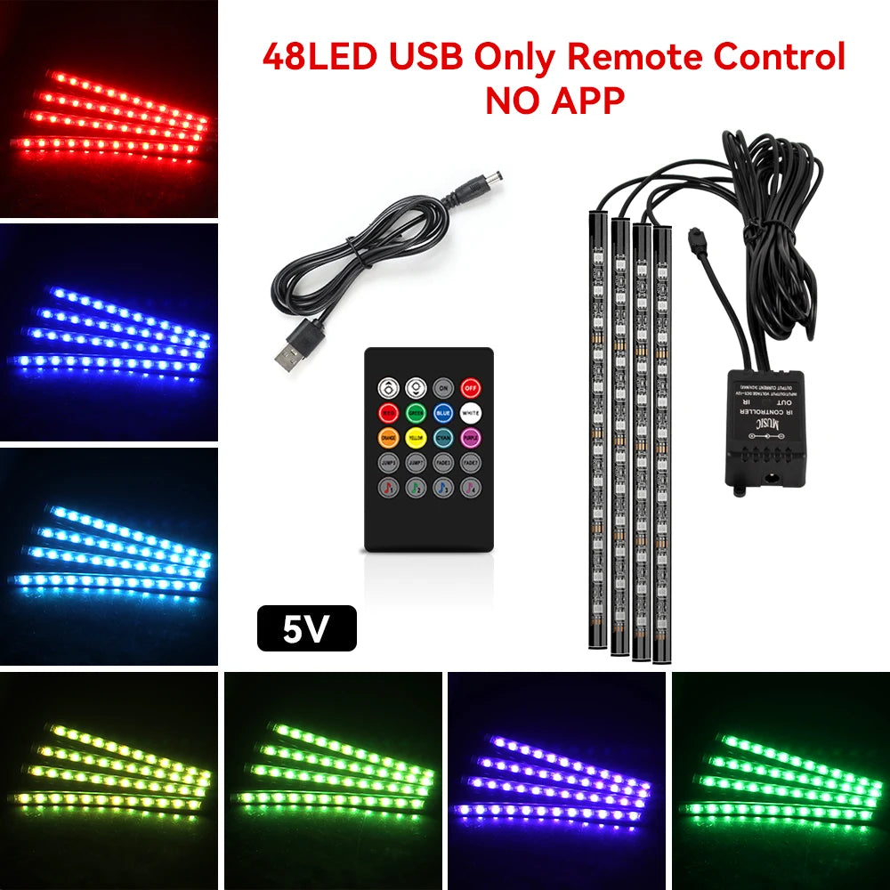 Kit de lumière d'ambiance pour intérieur de voiture, néon 36 48 72 LED, rétro-éclairage, application à distance, contrôle de la musique, lampe décorative d'ambiance RGB automatique