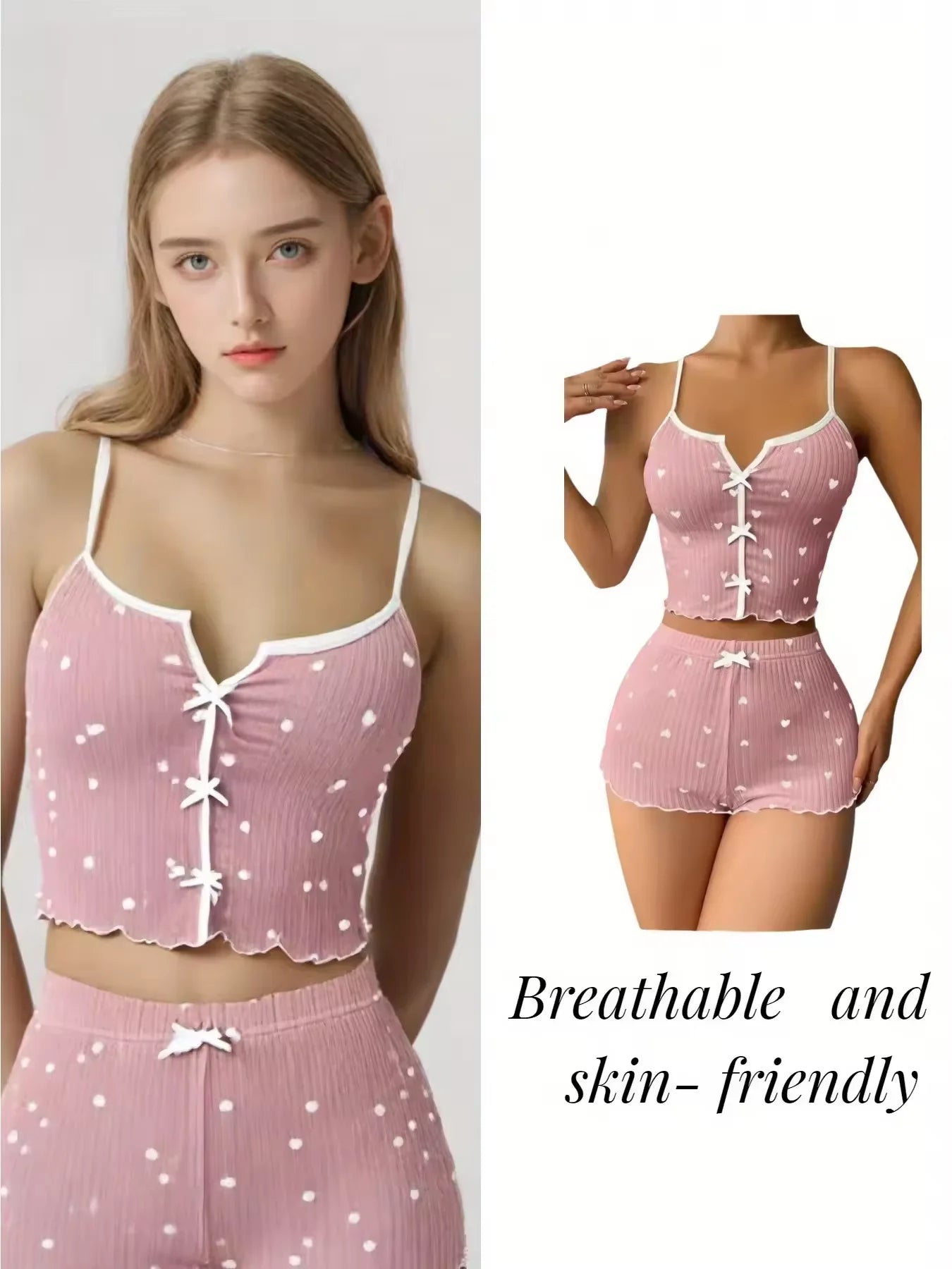 Vêtements de nuit femmes pyjamas ensemble coeur imprimé tissu côtelé doux avec glamour volants garniture décontracté Cami haut et short ensembles vêtements de détente nouveau