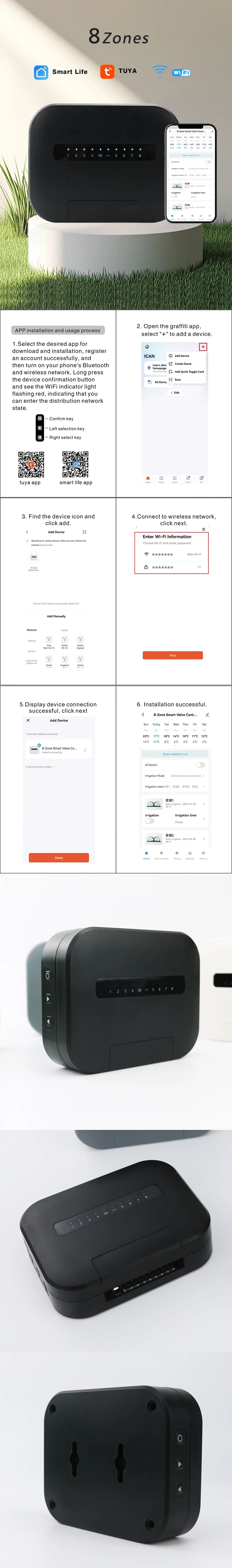 Minuterie d'arrosage de jardin intelligente Tuya, 8 Zones, Wifi, 6 Station, contrôleur d'irrigation goutte à goutte, Valve d'eau, fonctionne avec Smartlife