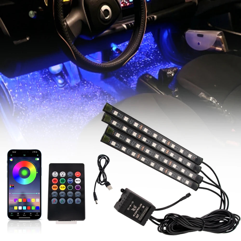 Kit de lumière d'ambiance pour intérieur de voiture, néon 36 48 72 LED, rétro-éclairage, application à distance, contrôle de la musique, lampe décorative d'ambiance RGB automatique