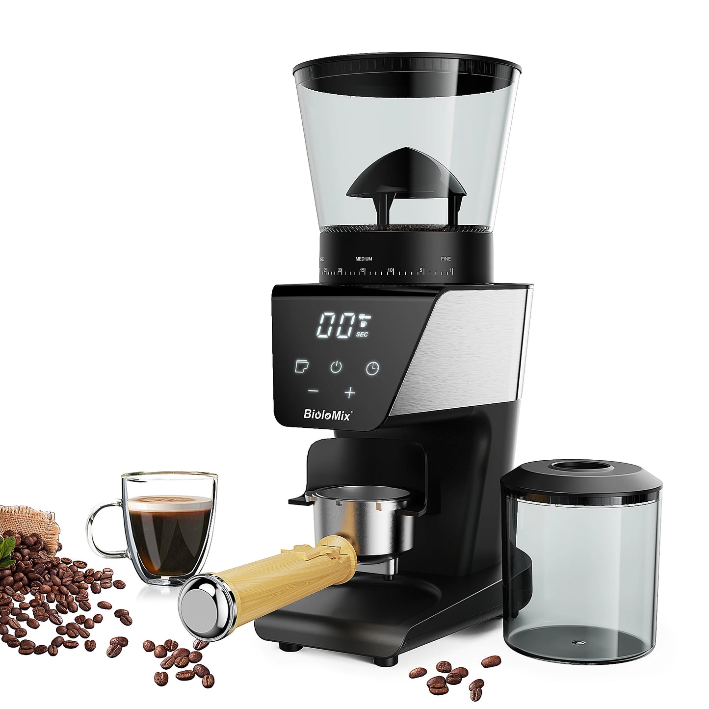 Moulin à café électrique BioloMix avec écran numérique, grains et tasse de café, idéal pour amateurs de café frais
