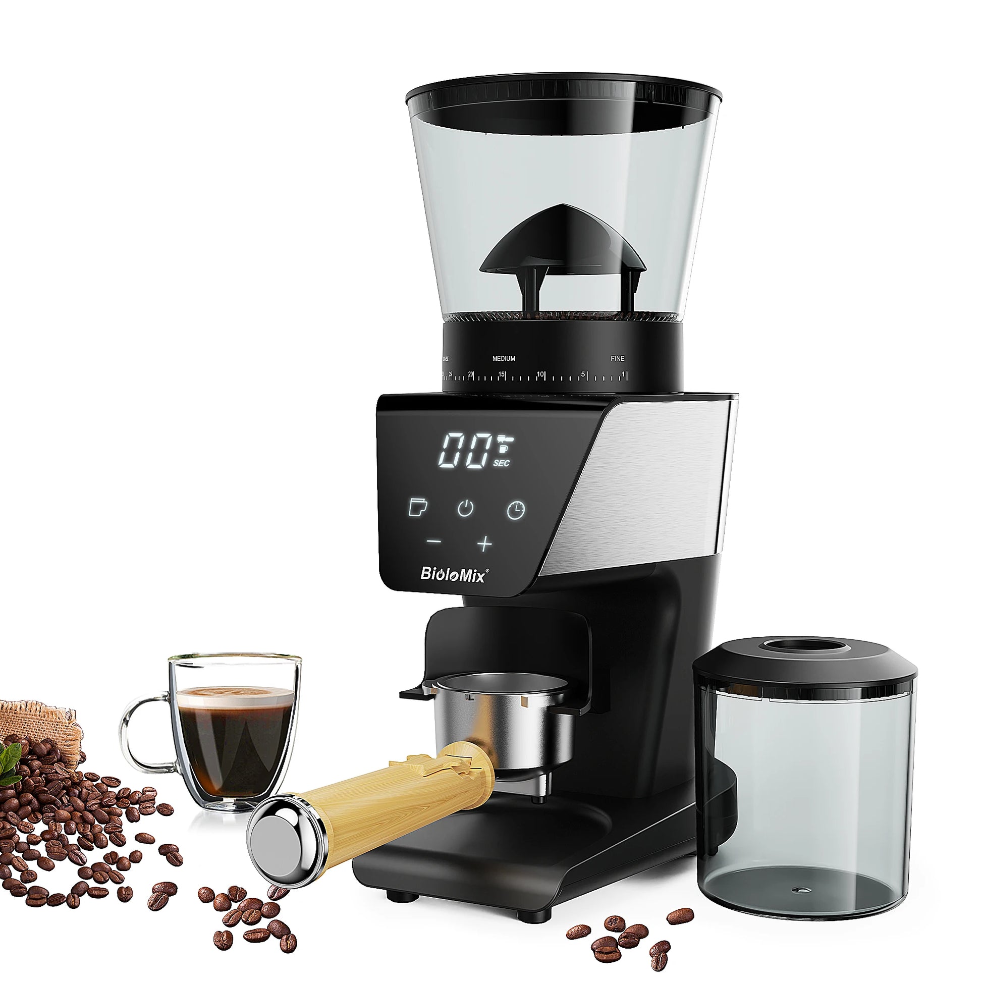 Moulin à café électrique BioloMix avec écran numérique, grains et tasse de café, idéal pour amateurs de café frais