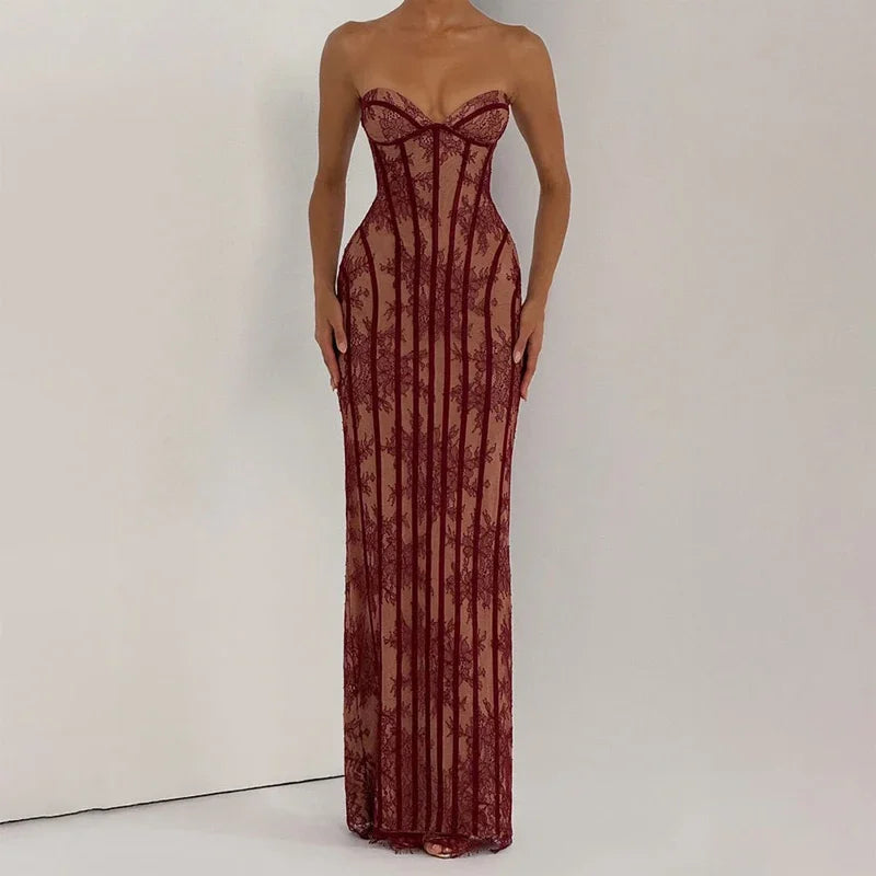 Robe longue chic en gaze sans bretelles, dos nu, épaules dénudées, imprimée, patchwork, slim, pour femme, soirée, 2026