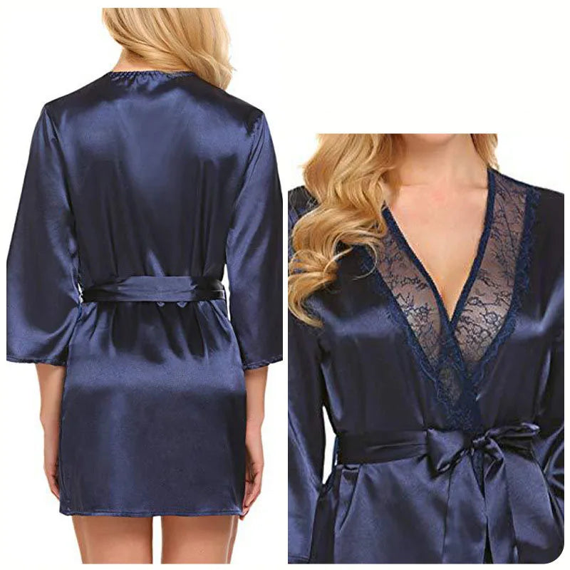 Robe de Nuit Sexy en Satin et Dentelle pour Femme, Chemise Courte, Kimono, Peignoir, Lingerie, Douce, Confortable, Noire, Grande Taille