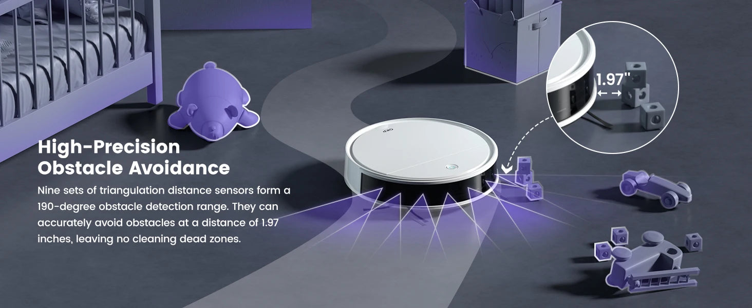 Aspirateur robot intelligent avec détection d'obstacles précise, idéal pour nettoyage sans accroc dans les chambres d'enfants